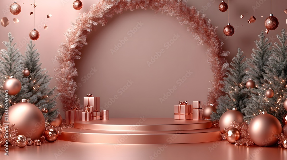 3D pink Render Christmas product podium with Christmas Trees, and Gift Boxes background template 3D pink Render Christmas product podium with Christmas Trees, and Gift Boxes background template
