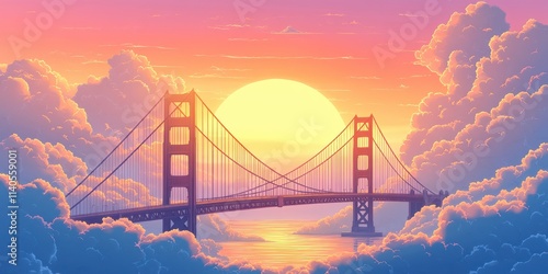 A vibrant sunset over a bridge, illuminating the clouds with warm hues, creating a serene and peaceful atmosphere.