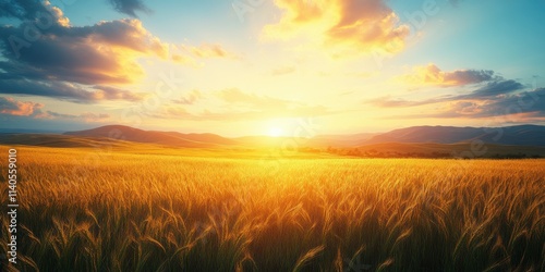 Golden sunrise over a vast wheat field, casting warm light across rolling hills, creating a serene and peaceful atmosphere.