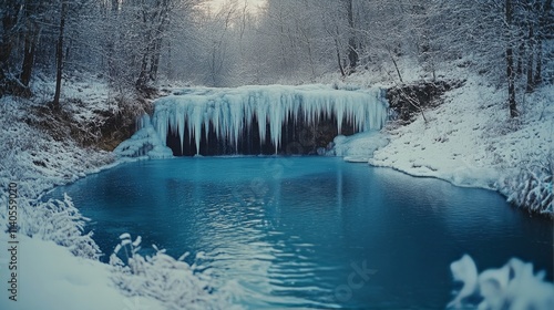 Frozen waterfall in winter landscape featuring a tranquil blue pond and snow ...