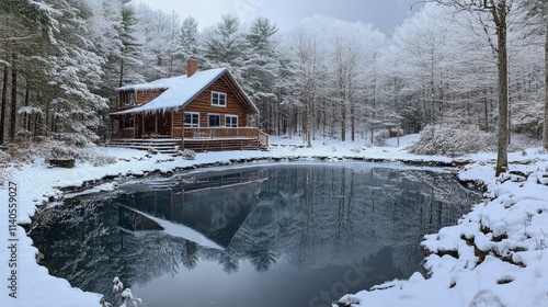 Exploring an icy blue lake surrounded by snow covered pine trees in winter