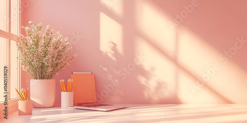 Wallpaper Mural Minimalist Home Office Desk with Plants and Stationery in Soft Light Torontodigital.ca