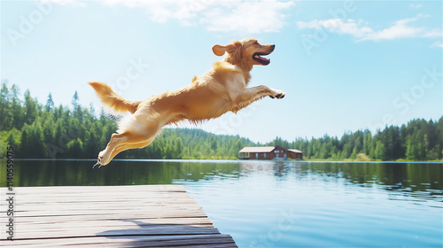 Golden retriever dog leaping joyfully off a dock into a lake on a sunny day. Captures summer fun, pet happiness, and outdoor adventure in nature.