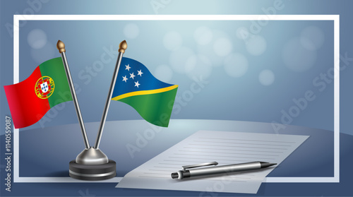 Portugal and Solomon Islands National flags on small table with bokeh background, cooperative relationship