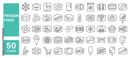 Set of 50 line icons related to frozen food, bag, meat, plastic, vegetables, fish, fruits, market, refrigerator, product, freeze, Editable stroke. Vector illustration