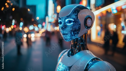 Futuristic robot with glowing features standing in a high tech environment at...