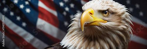 A bald eagle with Patriotic American flag on a dark background that symbolizing freedom and national pride, Copy space for text. Generative AI