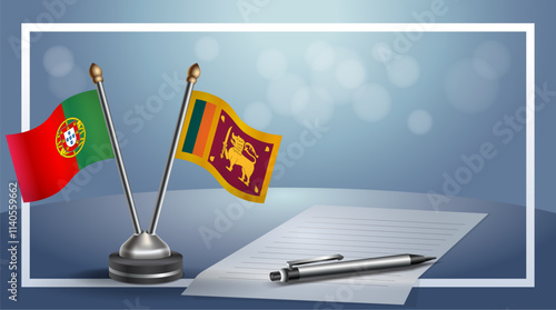 Portugal and Sri Lanka National flags on small table with bokeh background, cooperative relationship