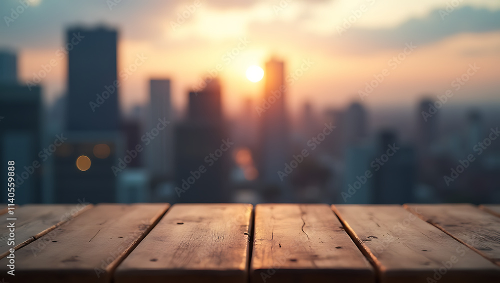 A minimalist wooden tabletop is set against a blurred cityscape at dusk, ideal for montage and key visual displays._00002_ A minimalist wooden tabletop is set against a blurred cityscape at dusk, ideal for montage and key visual displays._00002_