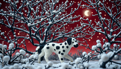 a black and white dog made by wool, in the snow