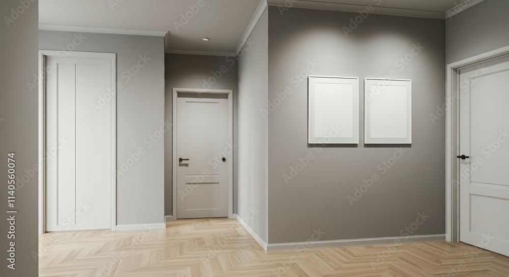 An interior room with blank rectangular photo frames on the wall 3d illustration mock-up template. An interior room with blank rectangular photo frames on the wall 3d illustration mock-up template.