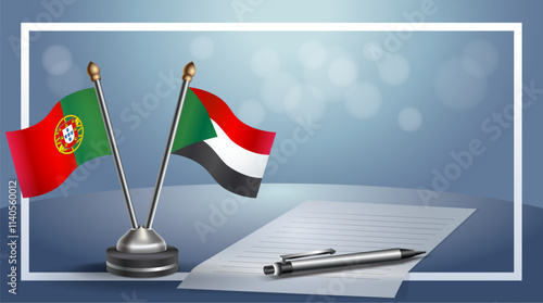 Portugal and Sudan National flags on small table with bokeh background, cooperative relationship