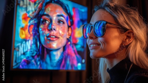 Smiling friends enjoy a vibrant night out in the city with colorful lights in...