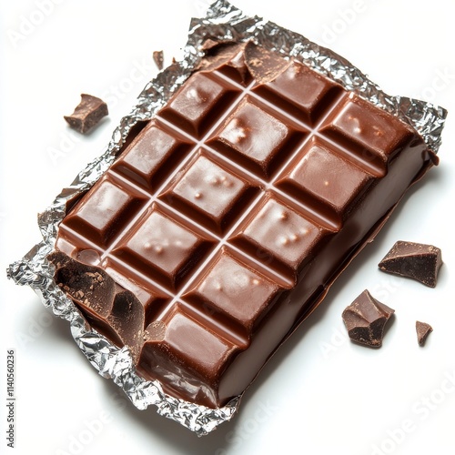 Chocolate bar with broken pieces and crumbs on a clean surface in natural light