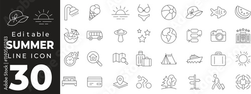 Summer set of web icons in line style. Summer vacation icons for web and mobile app. Travel, beach, tourism, summer holidays, hotel, relax, beach, luggage, passport, sunglasses. Vector illustration