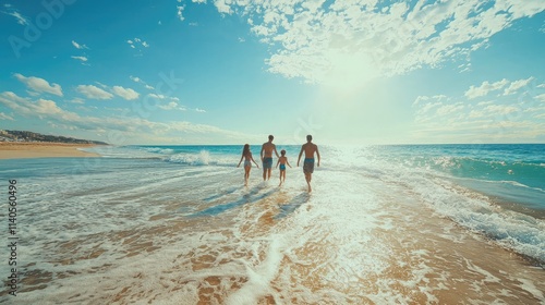 Joyful family enjoying their vacation at a sunny beach. 