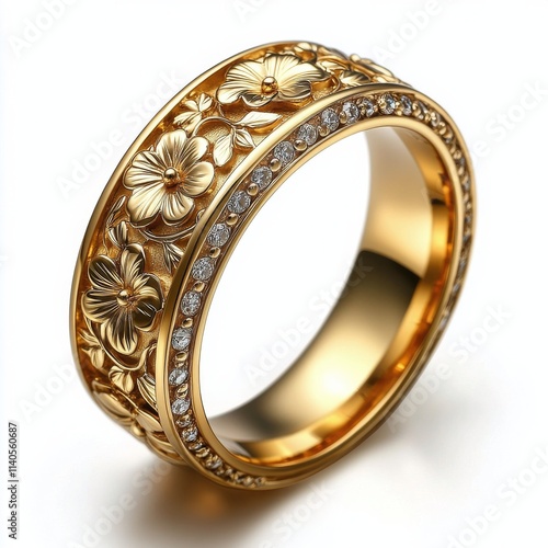Elegant gold ring with intricate floral engravings and a small diamond accent...