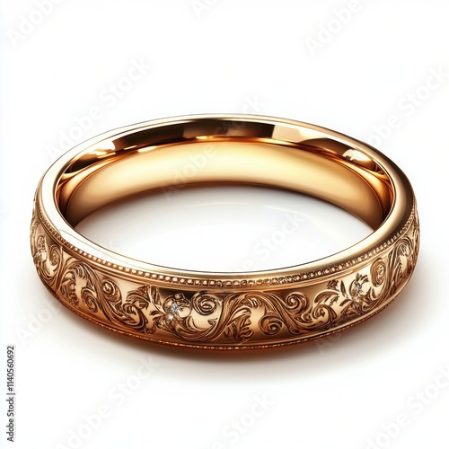 Elegant gold ring with intricate floral engravings and a small diamond accent...