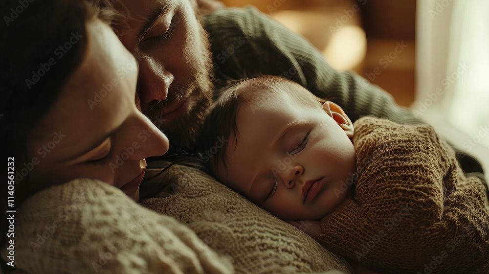 Parents holding their baby while sleeping, surrounded by warmth and love. Parents holding their baby while sleeping, surrounded by warmth and love.