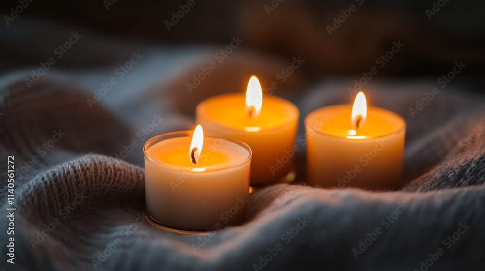 Three lit candles on a soft blanket, creating a warm and cozy atmosphere. Three lit candles on a soft blanket, creating a warm and cozy atmosphere.