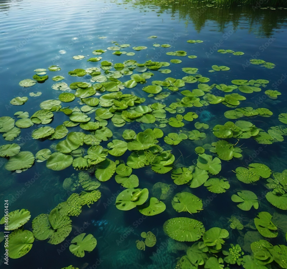 Green duckweed lemna floating on the surface of a tranquil blue river, nature landscapes, duckweed, lemna