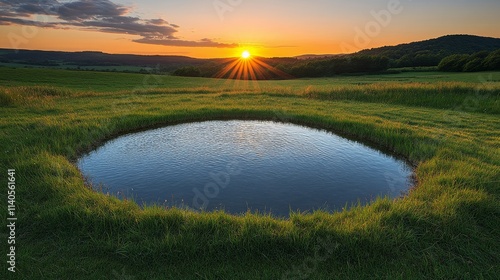 Sunrise over green crop field with rows of plants