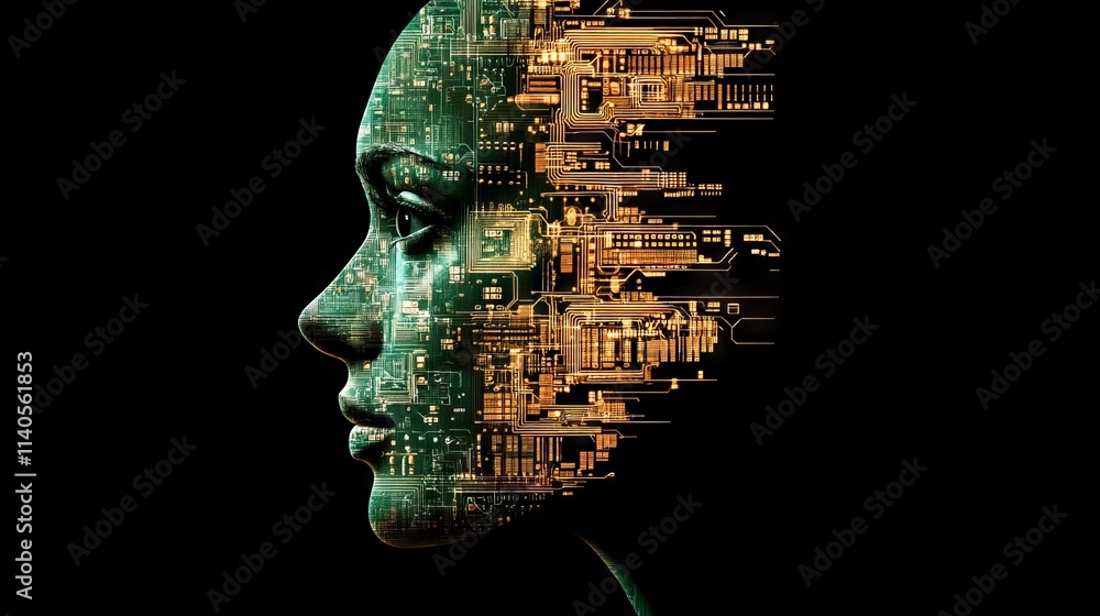 Big data and artificial intelligence concept. Machine learning and cyber mind domination concept in form of men face outline outline with circuit board and binary data flow on blue background. Big data and artificial intelligence concept. Machine learning and cyber mind domination concept in form of men face outline outline with circuit board and binary data flow on blue background.