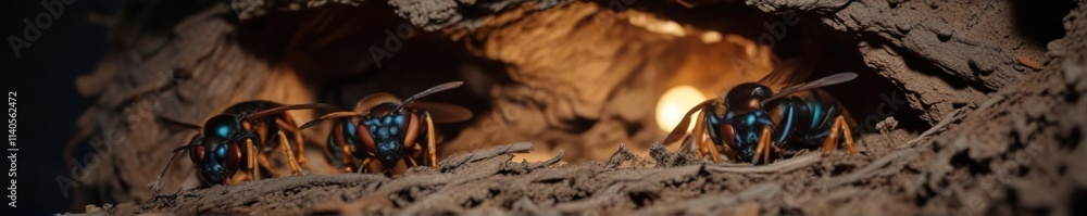 Individual Asian hornets peeking out from a small opening in the side of their underground nest at night, insect ventilation, hornet entrance Individual Asian hornets peeking out from a small opening in the side of their underground nest at night, insect ventilation, hornet entrance