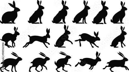 Rabbit silhouette vector art set in different styles, using black color illustration design