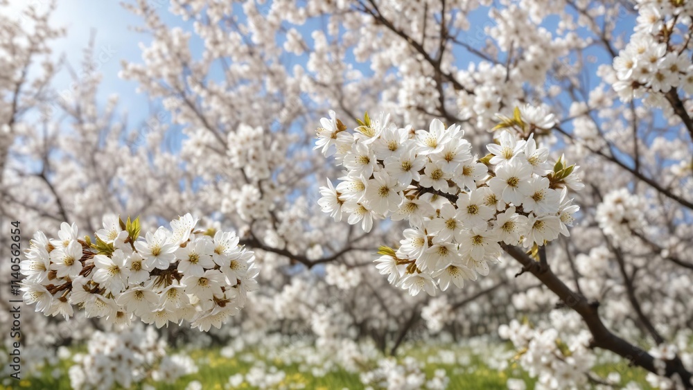 A field of white cherry blossoms in full bloom, bloom, cherry blossoms, blossom A field of white cherry blossoms in full bloom, bloom, cherry blossoms, blossom