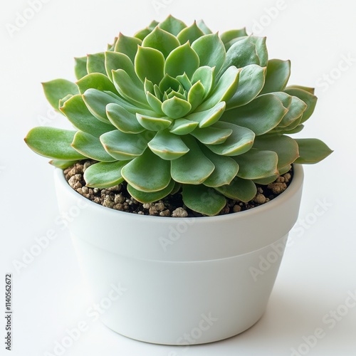 Succulent plant in white pot with soil displayed on neutral background indoors