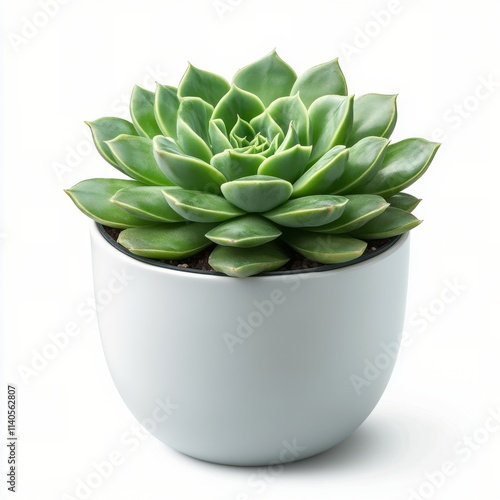 Succulent plant in white pot with soil displayed on neutral background indoors