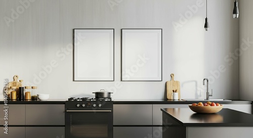 Wallpaper Mural A kitchen interior with blank rectangular photo frames on the wall 3d illustration mock-up template. Torontodigital.ca