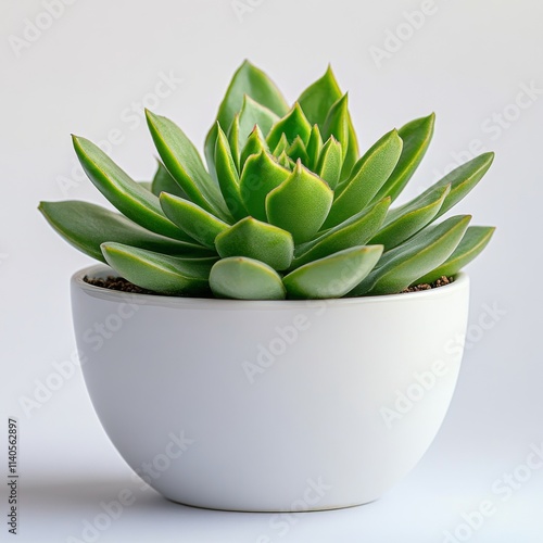 Succulent plant in white pot with soil displayed on neutral background indoors