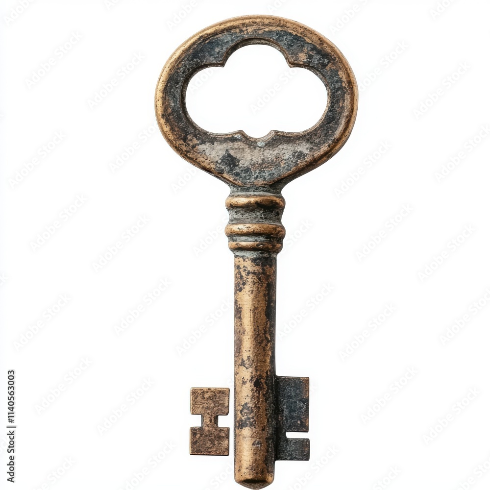 An antique brass key with an ornate design, showcasing its vintage charm and intricate details. An antique brass key with an ornate design, showcasing its vintage charm and intricate details.