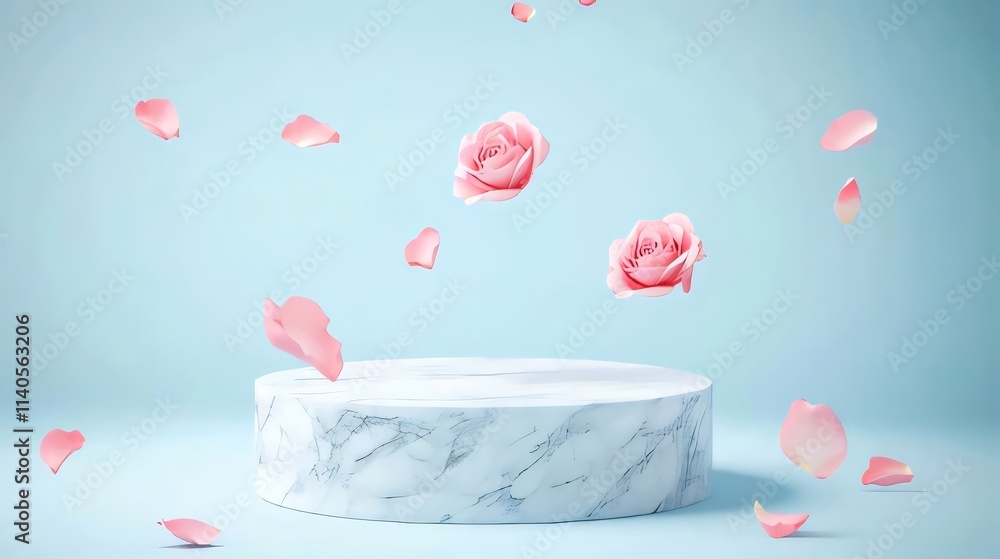Pink roses and petals falling on marble podium. Pink roses and petals falling on marble podium.