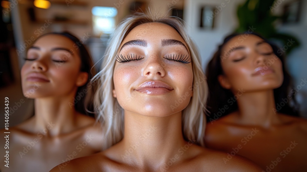 Three women with closed eyes, serene and peaceful expressions. Three women with closed eyes, serene and peaceful expressions.