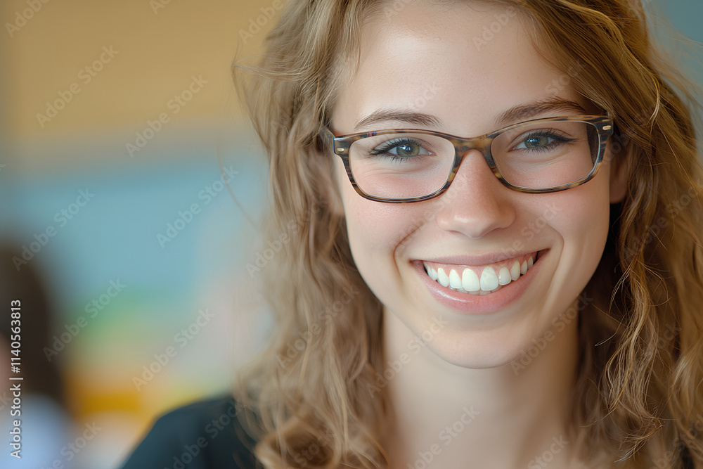 Girl with brown hair and glasses is smiling Girl with brown hair and glasses is smiling