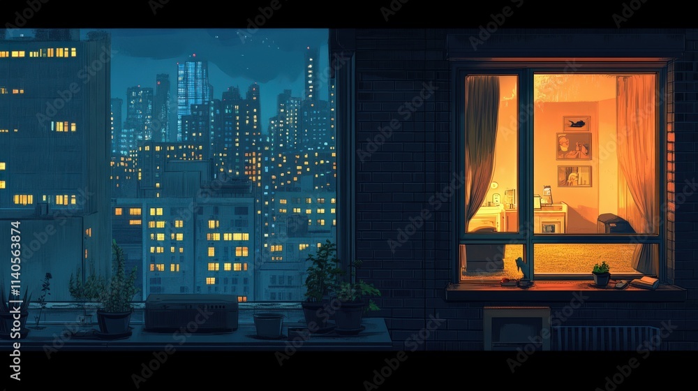 Night Cityscape Viewed From Apartment Windowsill Night Cityscape Viewed From Apartment Windowsill