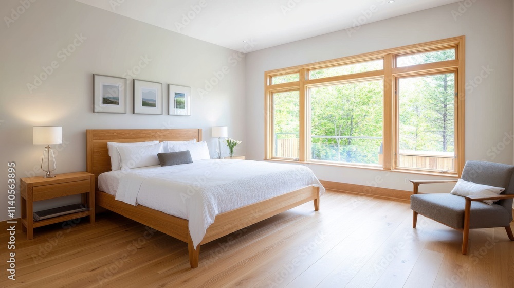 Fototapeta premium Bright and Airy Modern Bedroom with Large Windows and Natural Light in a Contemporary Home