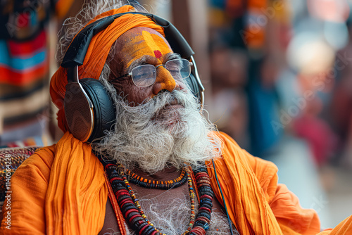 Man wearing headphones and a yellow face paint. He is wearing a yellow robe. He is sitting in a room photo