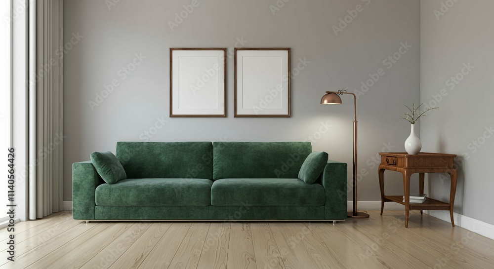 An interior living room with blank rectangular photo frames on the wall 3d illustration mock-up template. An interior living room with blank rectangular photo frames on the wall 3d illustration mock-up template.