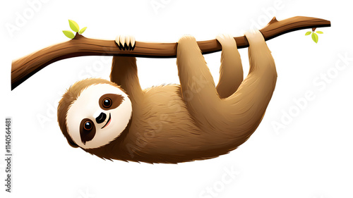 Cute cartoon sloth hanging upside down on a tree branch.