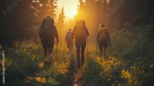 Group of hikers trekking through a misty forest at sunrise