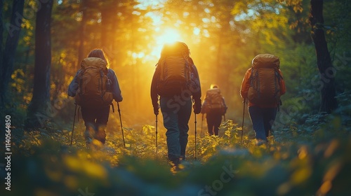 Group of hikers trekking through a misty forest at sunrise