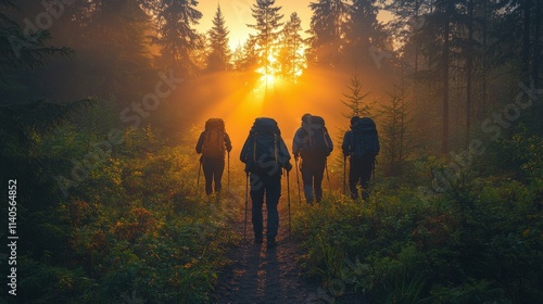 Group of hikers trekking through a misty forest at sunrise