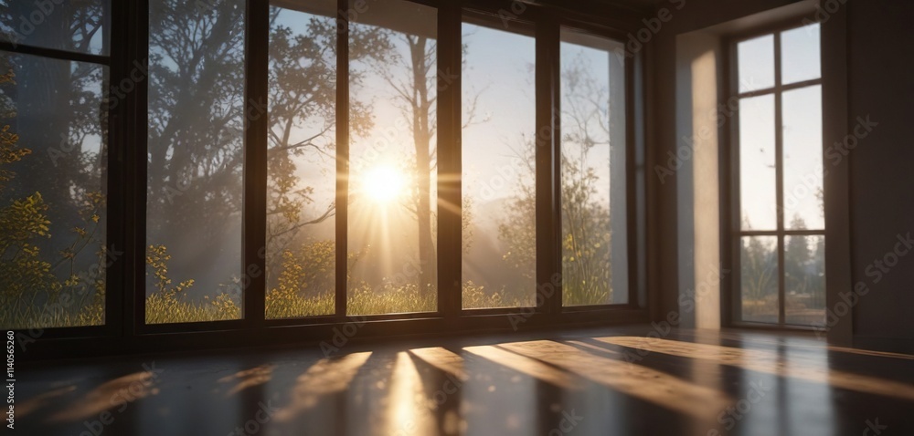Morning sunlight casting a glow through window glass, cloudy day, gentle warmth Morning sunlight casting a glow through window glass, cloudy day, gentle warmth