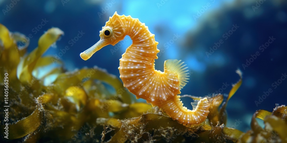 A vibrant yellow seahorse gracefully swims among lush seaweed in a crystal-clear underwater scene. A vibrant yellow seahorse gracefully swims among lush seaweed in a crystal-clear underwater scene.