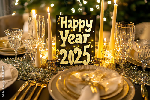 A Luxurious New Year’s Eve Dinner Table Setting with Sparkling Decor and Glamorous Details. photo