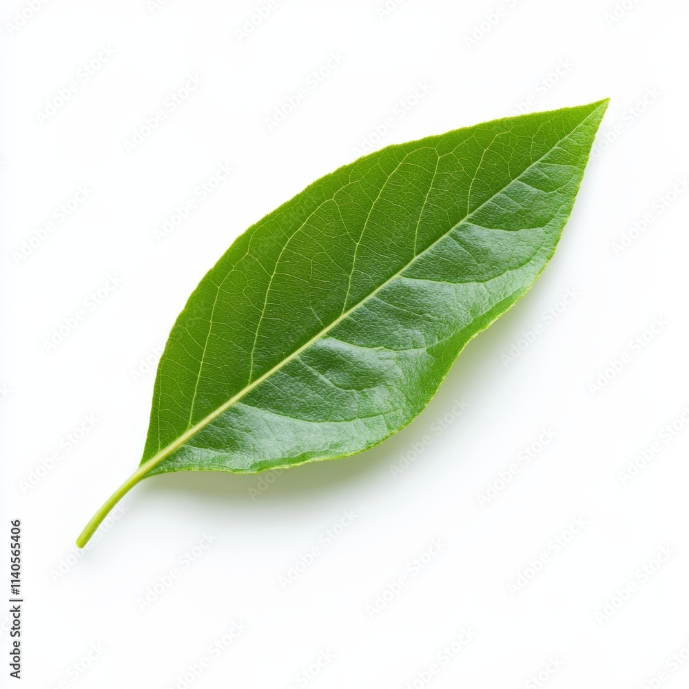 Obraz premium Green leaf isolated on white background showcasing vibrant texture and natural beauty